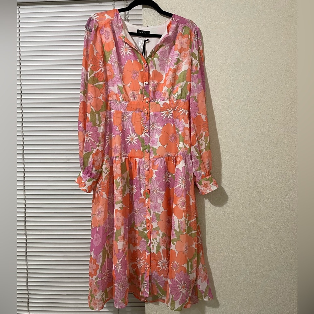 Vici Button-Down Orange & Pink Floral Midi Dress